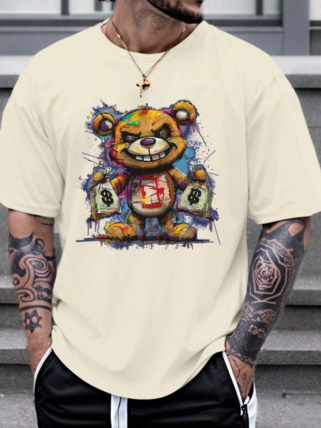 men's 100% cotton summer loose size cartoon bear pattern printed slim fit casual sports round neck short sleeved t-shirt top