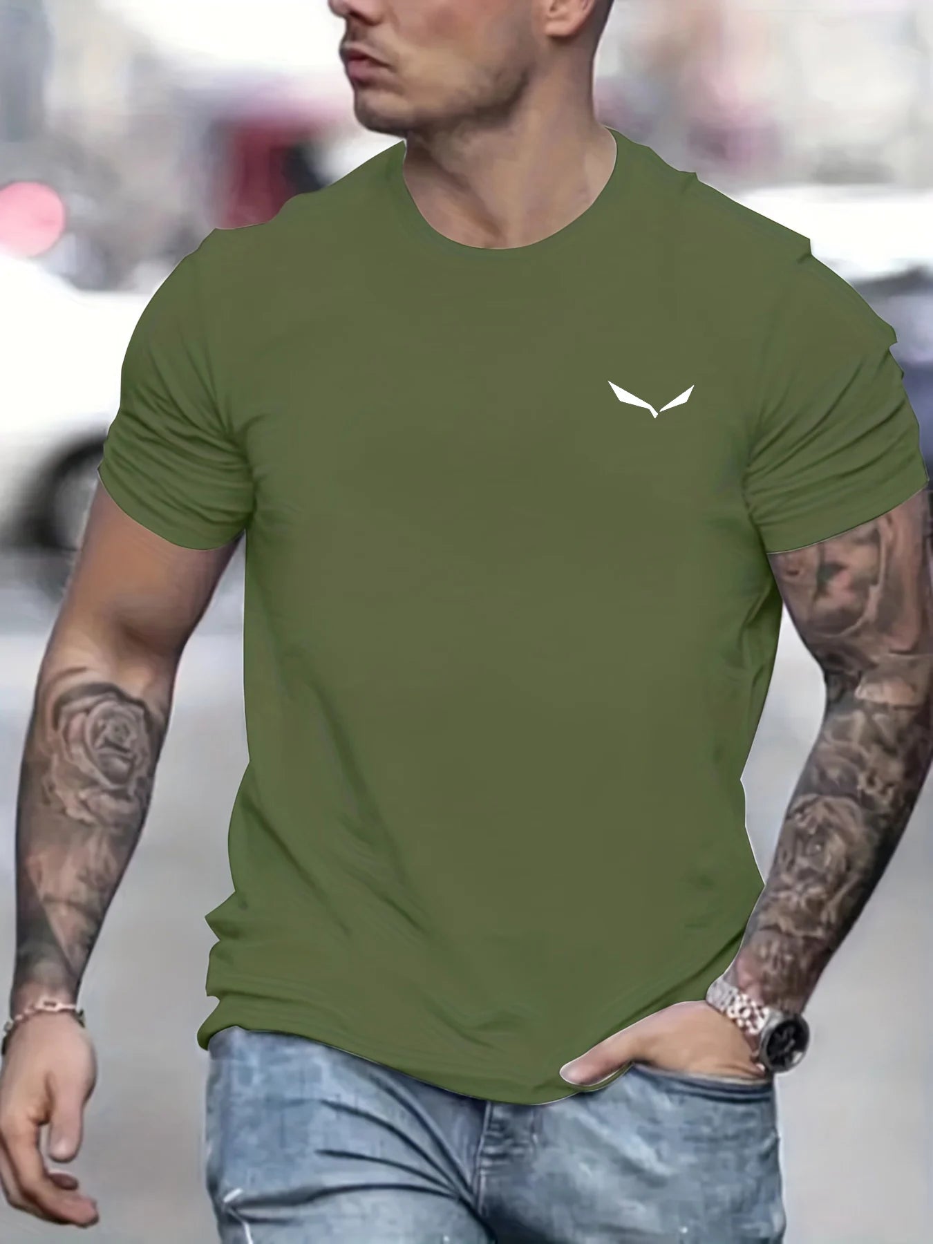 men's summer loose size 100% cotton bird print slim fit casual round neck short sleeve t-shirt top