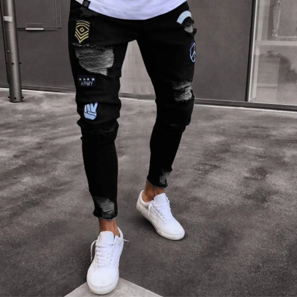 white embroidery skinny ripped cotton stretchy denim