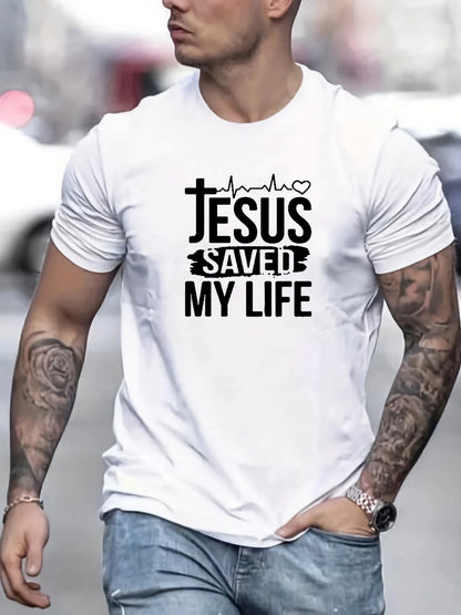 Summer men's 100% cotton casual loose size JESUS SAVED MY LIFE print round neck short sleeved T-shirt top