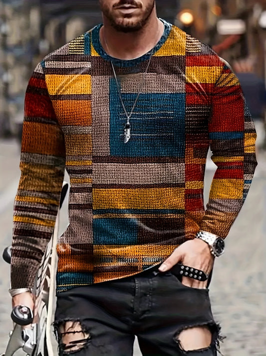 Fashion Men's Colorful Irregular Plaid Pattern Round Neck Long-sleeved Fashion T-shirt Spring And Autumn Outdoor Sports Tops Tee