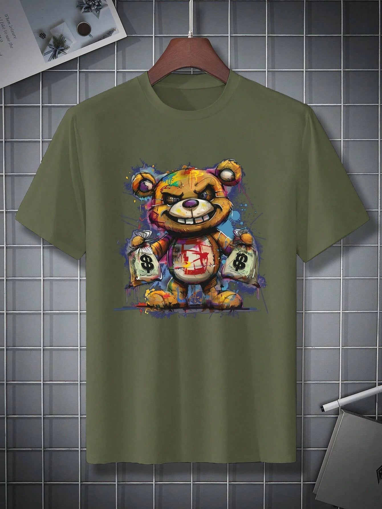 men's 100% cotton summer loose size cartoon bear pattern printed slim fit casual sports round neck short sleeved t-shirt top