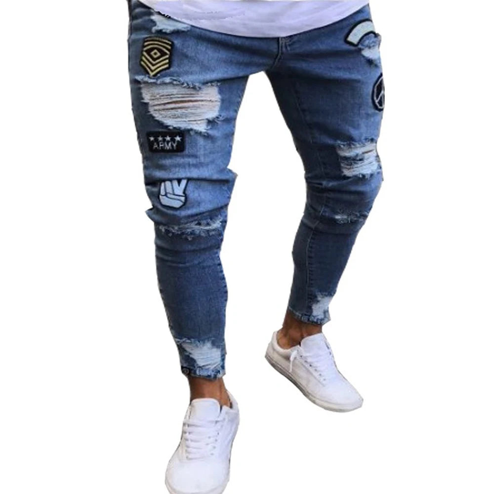 white embroidery skinny ripped cotton stretchy denim