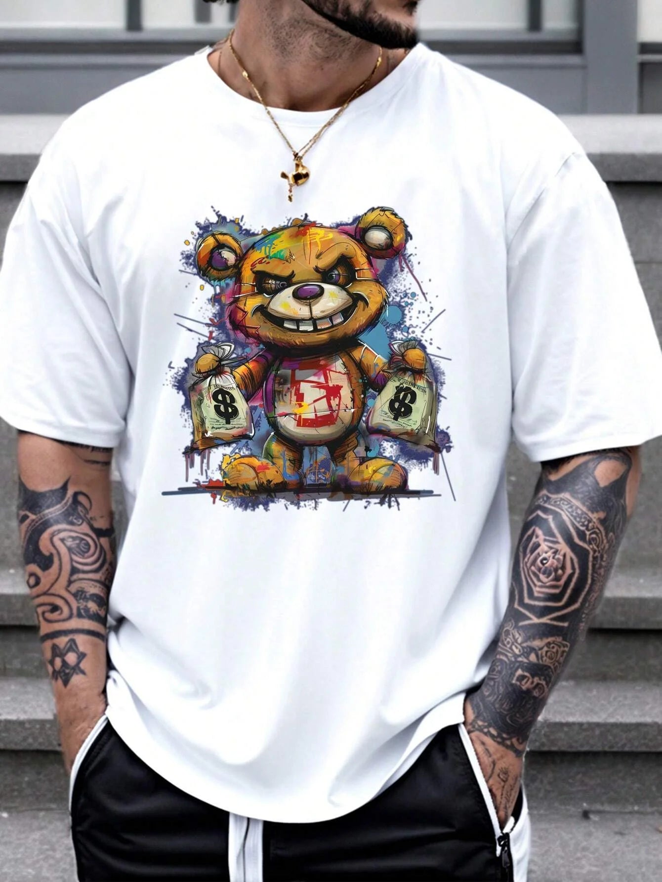 men's 100% cotton summer loose size cartoon bear pattern printed slim fit casual sports round neck short sleeved t-shirt top