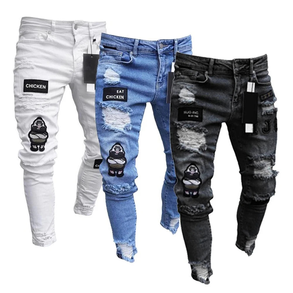 white embroidery skinny ripped cotton stretchy denim