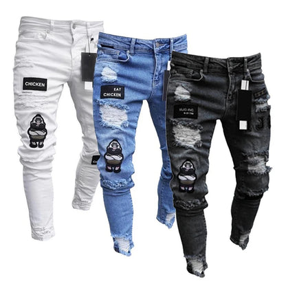 White Embroidery Skinny Ripped Cotton Stretchy Denim