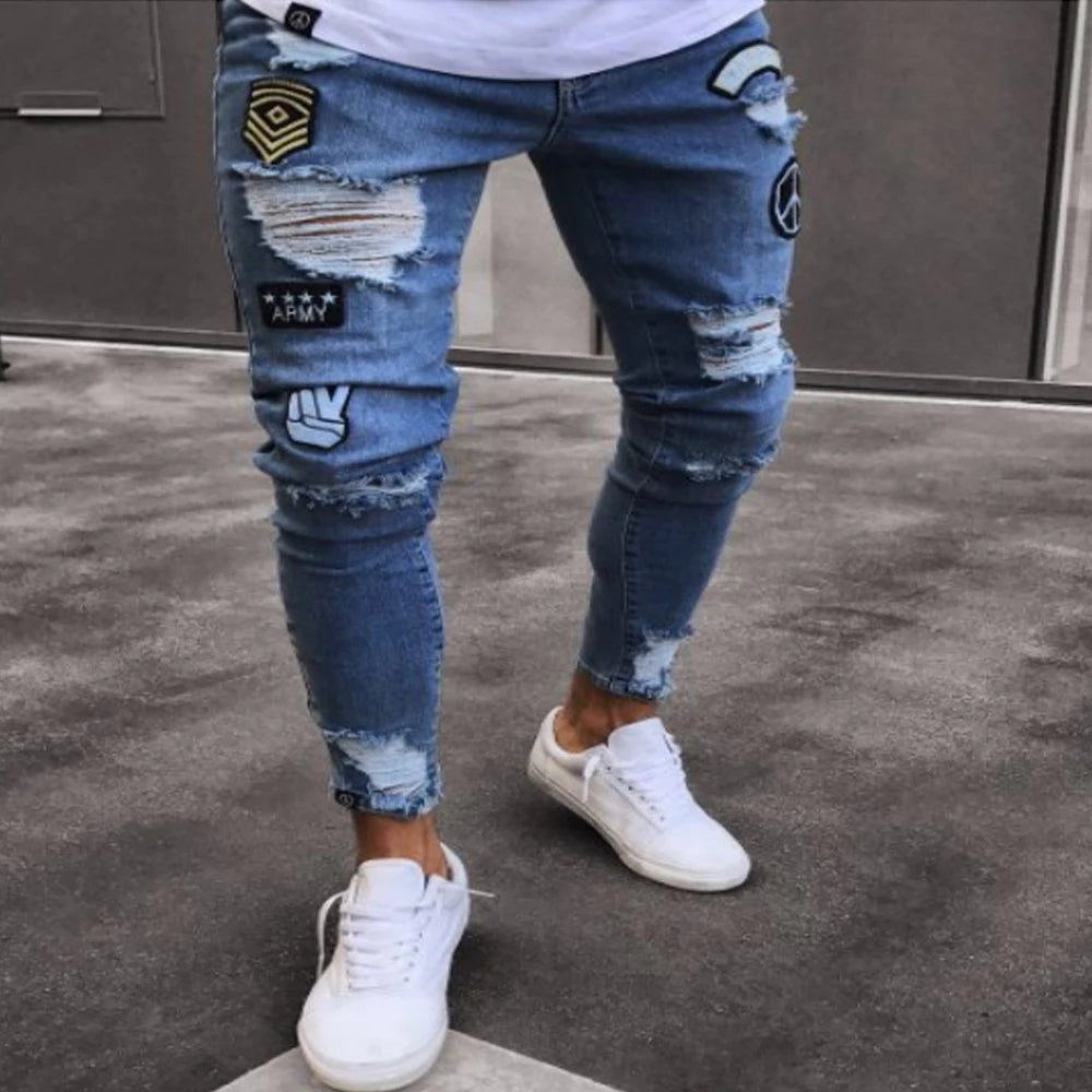 white embroidery skinny ripped cotton stretchy denim