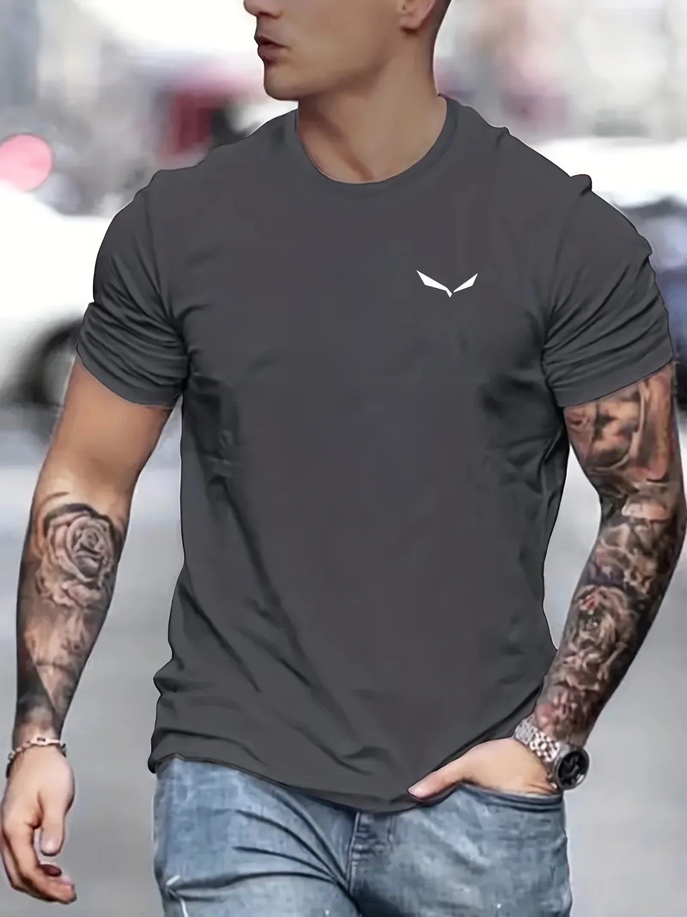 men's summer loose size 100% cotton bird print slim fit casual round neck short sleeve t-shirt top