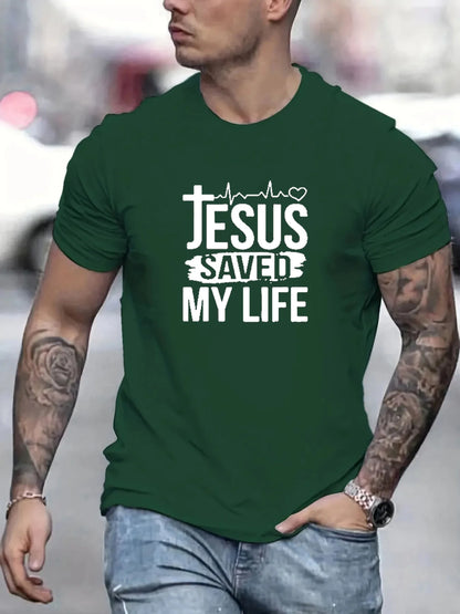 Summer men's 100% cotton casual loose size JESUS SAVED MY LIFE print round neck short sleeved T-shirt top