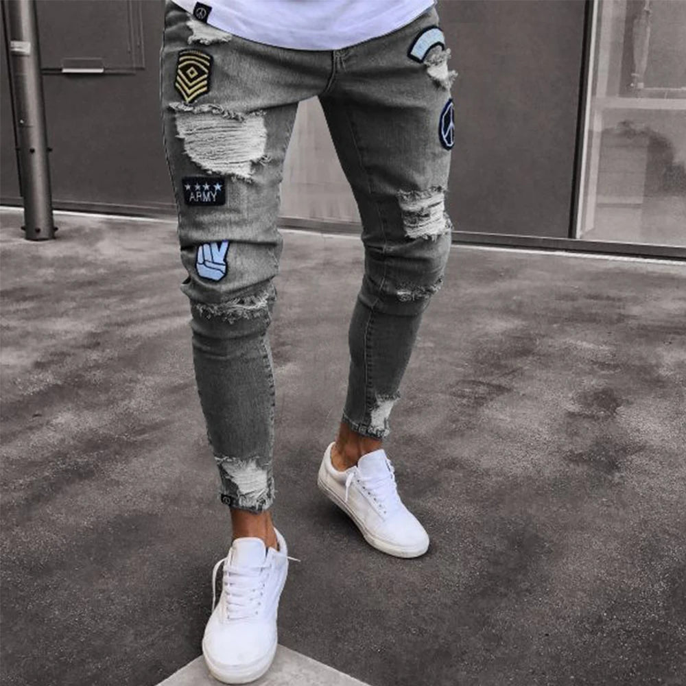 white embroidery skinny ripped cotton stretchy denim