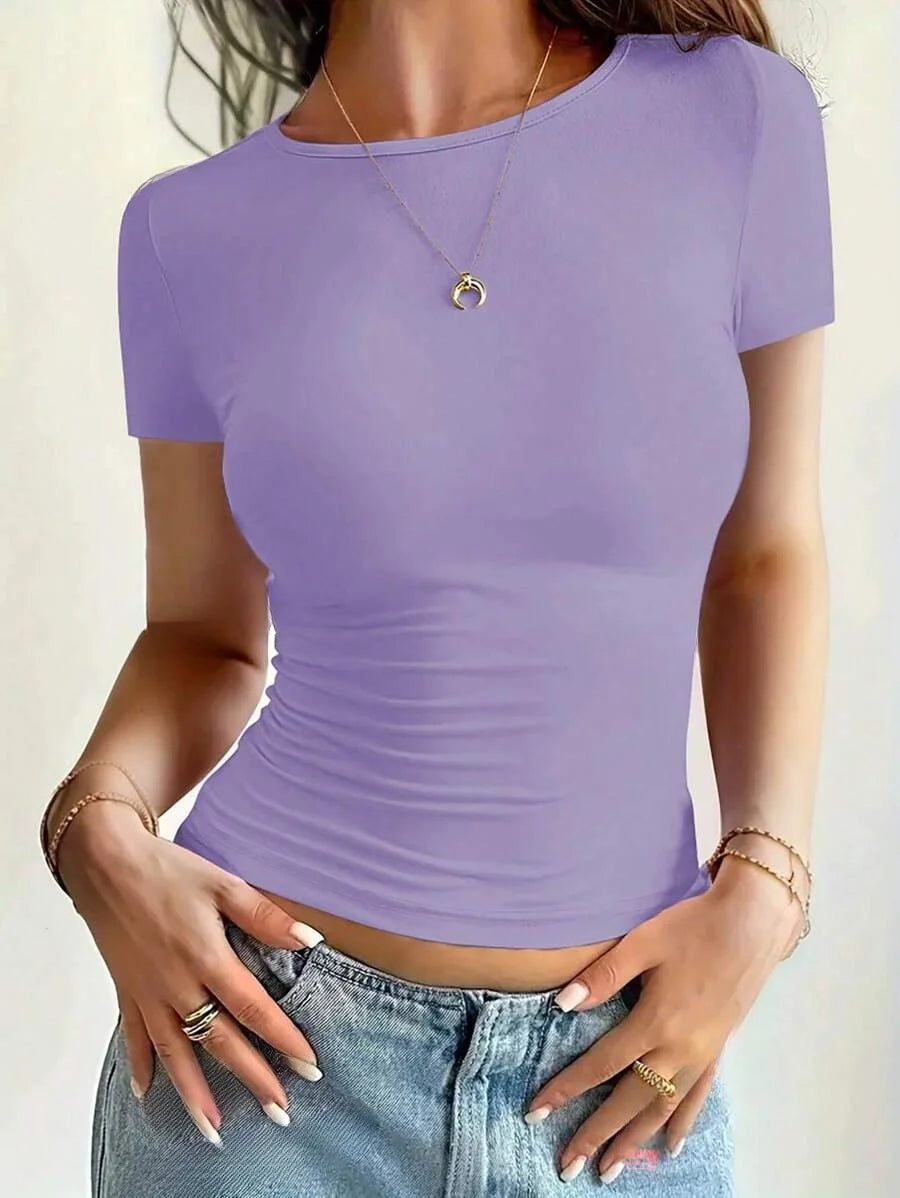 basic t-shirts scoop neck short sleeve crop