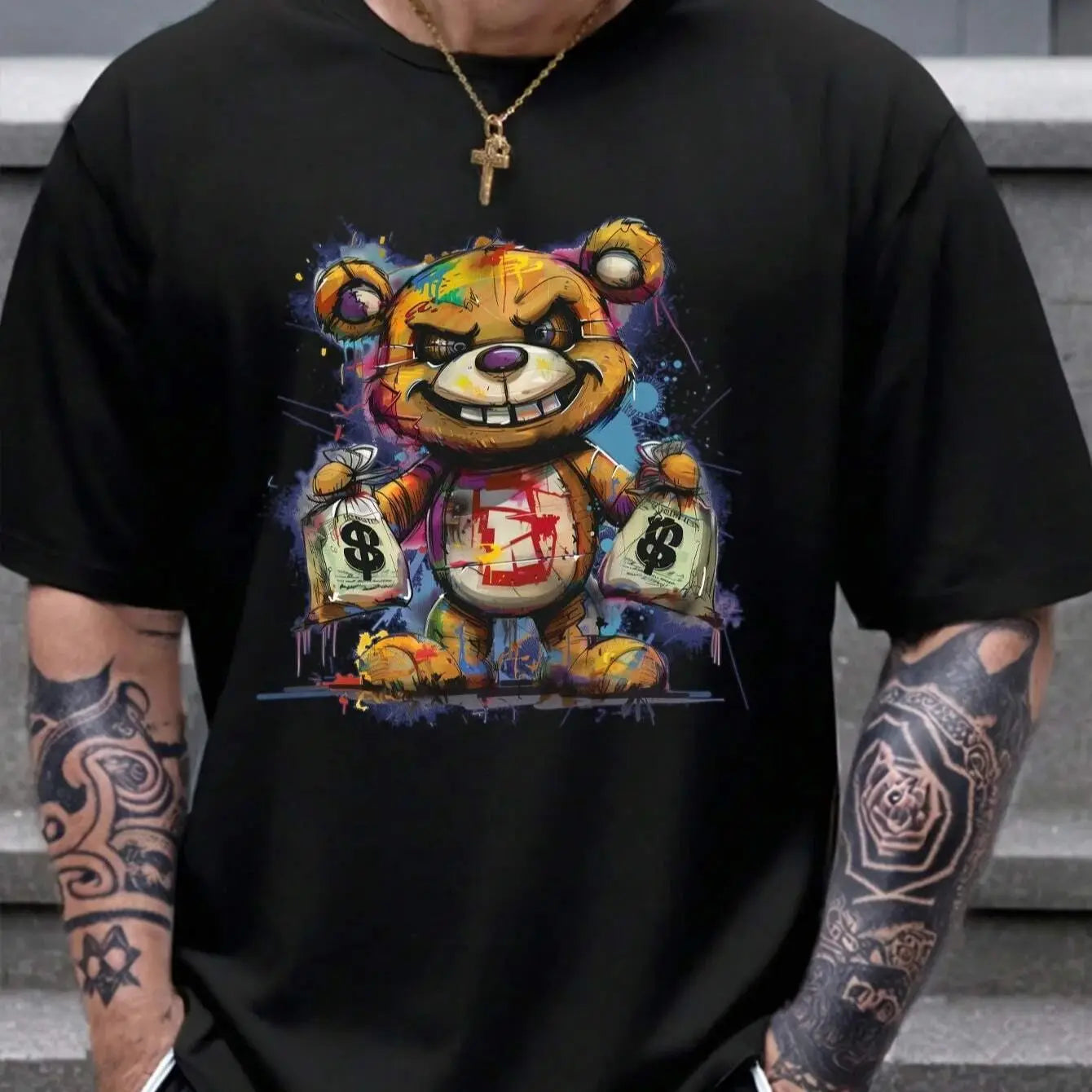 men's 100% cotton summer loose size cartoon bear pattern printed slim fit casual sports round neck short sleeved t-shirt top