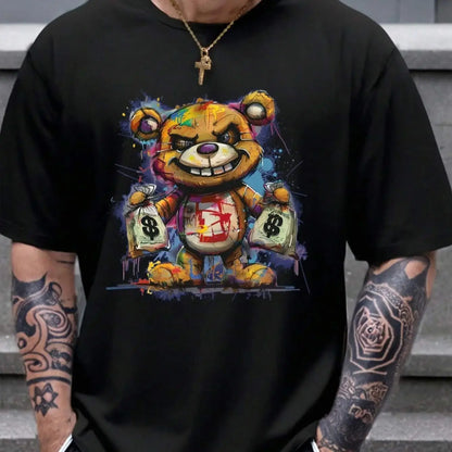 Men's 100% cotton summer loose size Cartoon Bear Pattern printed slim fit casual sports round neck short sleeved T-shirt top