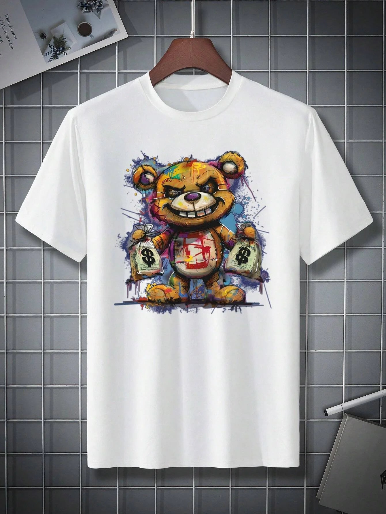 men's 100% cotton summer loose size cartoon bear pattern printed slim fit casual sports round neck short sleeved t-shirt top