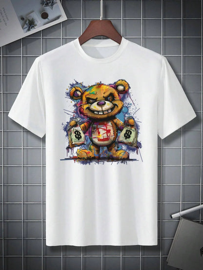 Men's 100% cotton summer loose size Cartoon Bear Pattern printed slim fit casual sports round neck short sleeved T-shirt top