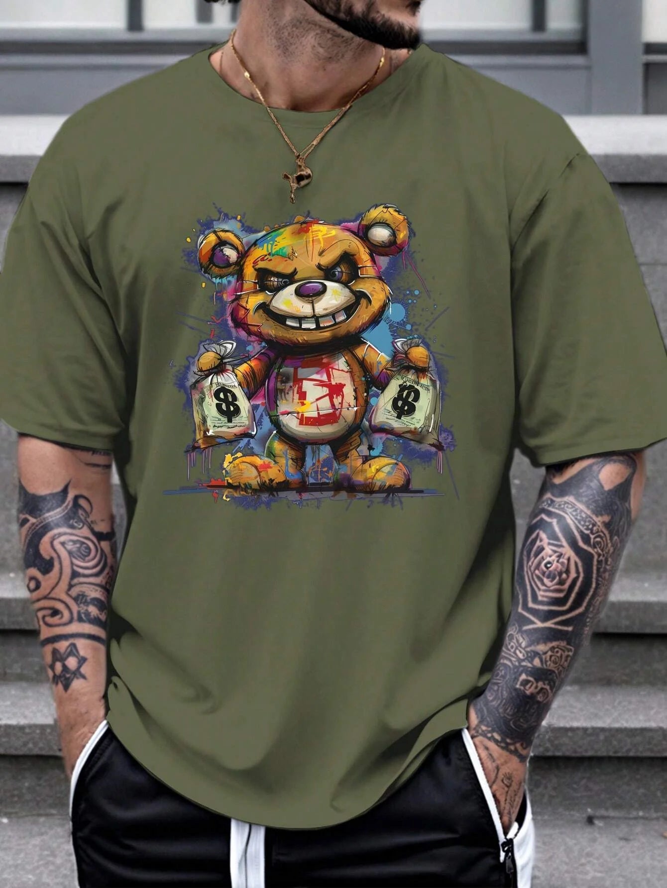 men's 100% cotton summer loose size cartoon bear pattern printed slim fit casual sports round neck short sleeved t-shirt top