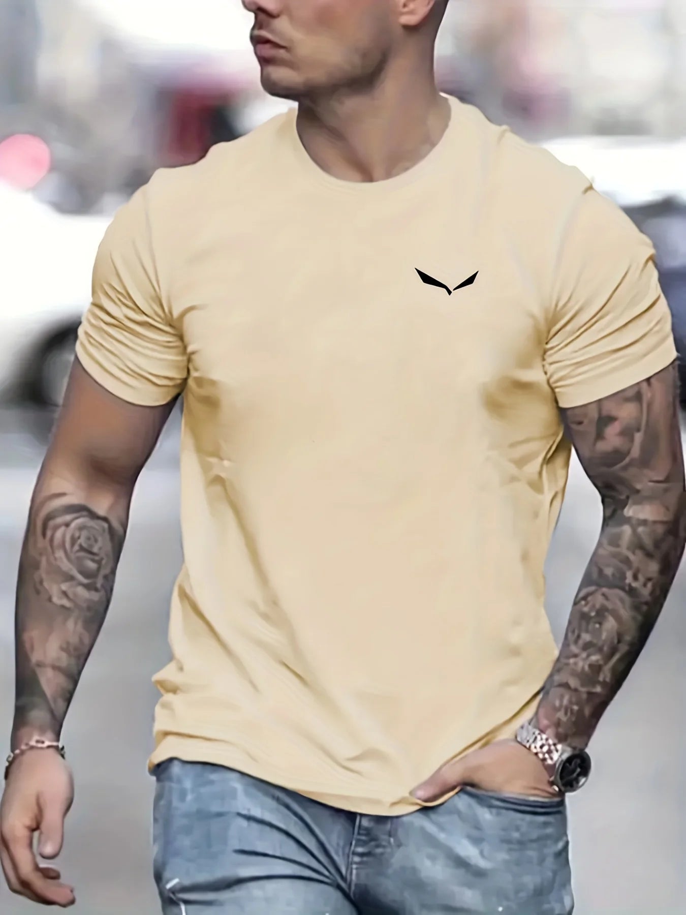 men's summer loose size 100% cotton bird print slim fit casual round neck short sleeve t-shirt top