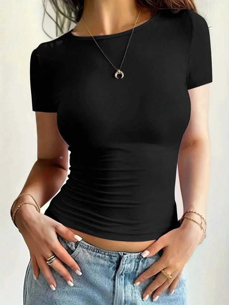 basic t-shirts scoop neck short sleeve crop