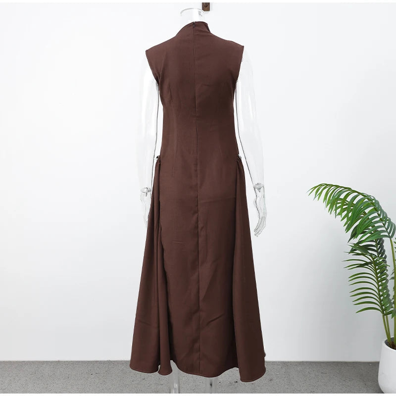 sleeveless fashion dress waisted round neck long robes