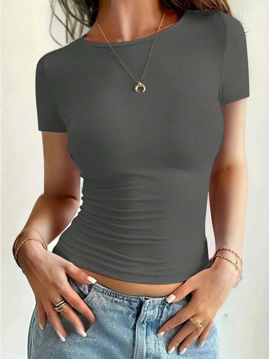 basic t-shirts scoop neck short sleeve crop