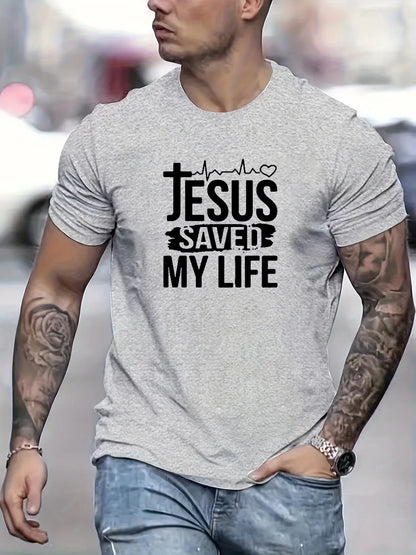 Summer men's 100% cotton casual loose size JESUS SAVED MY LIFE print round neck short sleeved T-shirt top