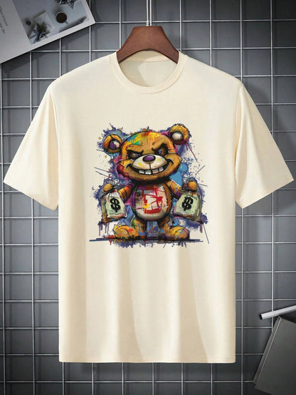 Men's 100% cotton summer loose size Cartoon Bear Pattern printed slim fit casual sports round neck short sleeved T-shirt top