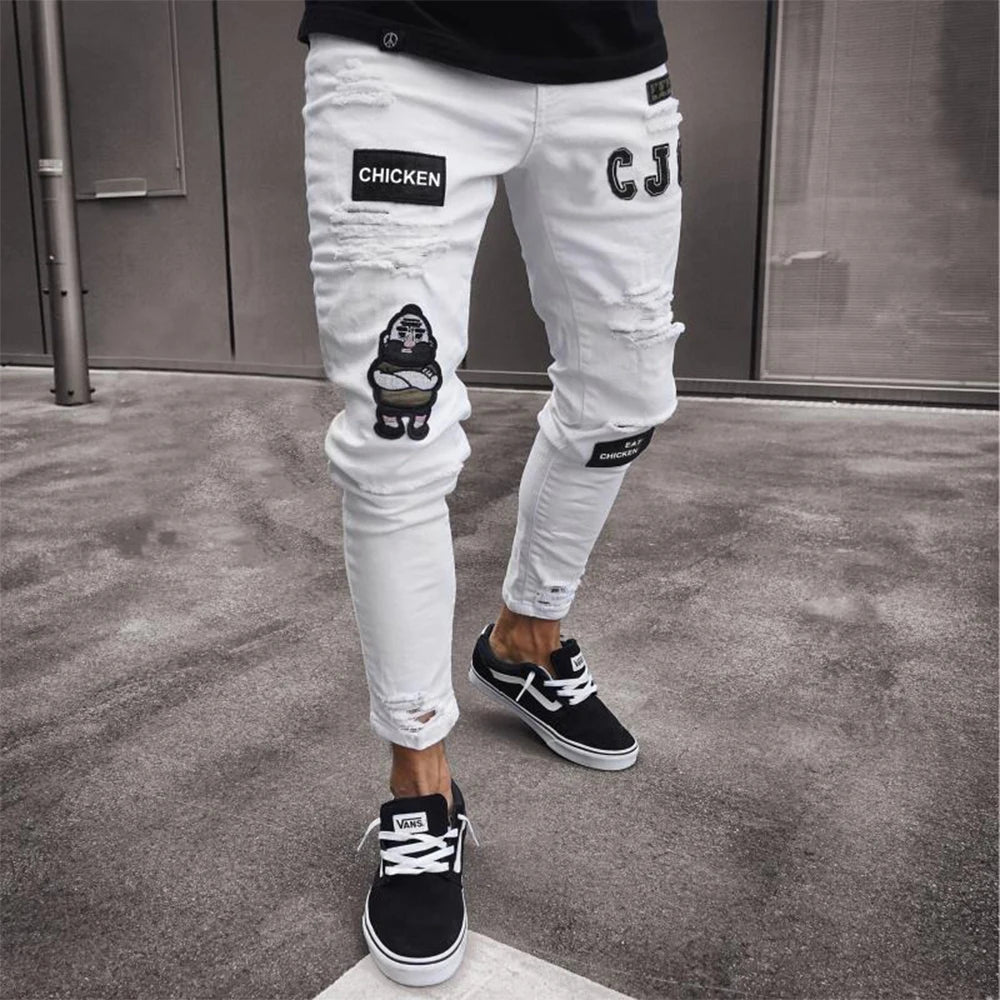 white embroidery skinny ripped cotton stretchy denim